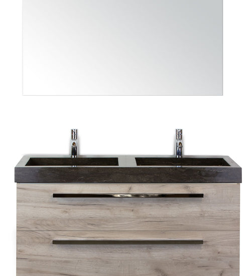 Badmeubelset 120 cm breed - bestaande uit: wastafelkast 2 laden, dubbele hardstenen wastafel en spiegel