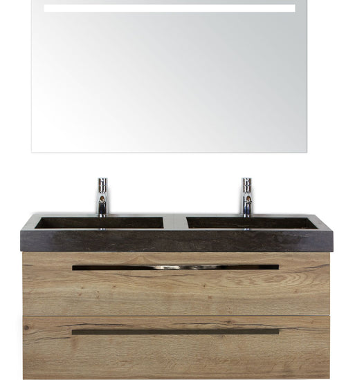 Badmeubelset 120 cm breed - bestaande uit: wastafelkast 2 laden, dubbele hardstenen wastafel en spiegel met één horizontale verlichtingsbalk (LED)