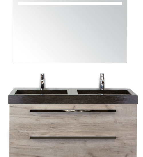 Badmeubelset 120 cm breed - bestaande uit: wastafelkast 2 laden, dubbele hardstenen wastafel en spiegel met één horizontale verlichtingsbalk (LED)