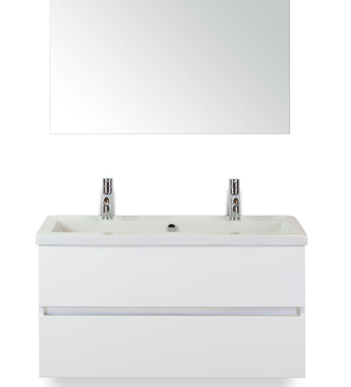 Badmeubelset 100 cm breed - bestaande uit: wastafelkast 2 laden greeploos, keramische wastafel Djazz met 2 kraangaten en spiegel