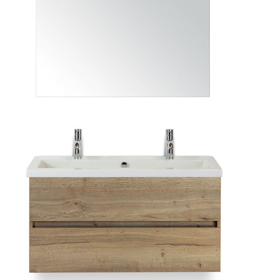 Badmeubelset 100 cm breed - bestaande uit: wastafelkast 2 laden greeploos, keramische wastafel Djazz met 2 kraangaten en spiegel