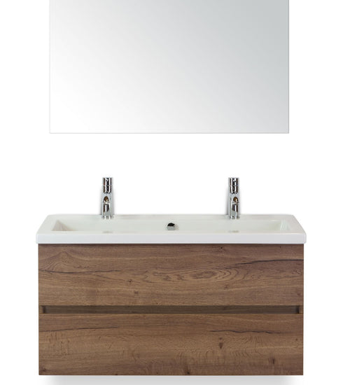 Badmeubelset 100 cm breed - bestaande uit: wastafelkast 2 laden greeploos, keramische wastafel Djazz met 2 kraangaten en spiegel