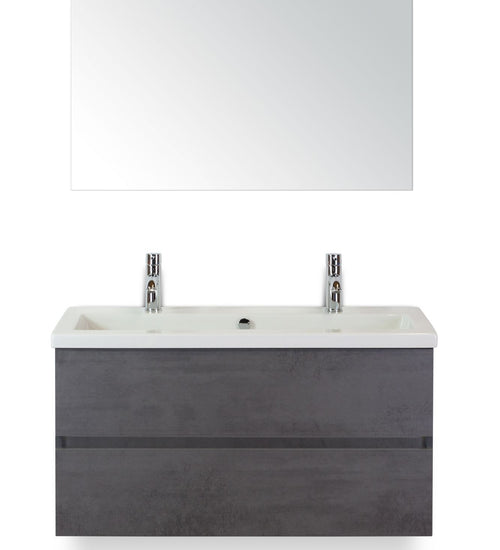 Badmeubelset 100 cm breed - bestaande uit: wastafelkast 2 laden greeploos, keramische wastafel Djazz met 2 kraangaten en spiegel