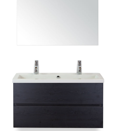 Badmeubelset 100 cm breed - bestaande uit: wastafelkast 2 laden greeploos, keramische wastafel Djazz met 2 kraangaten en spiegel