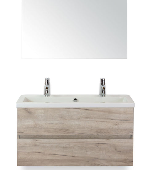 Badmeubelset 100 cm breed - bestaande uit: wastafelkast 2 laden greeploos, keramische wastafel Djazz met 2 kraangaten en spiegel
