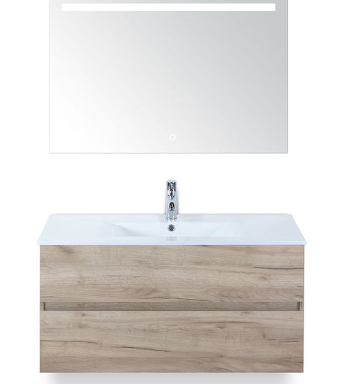 Badmeubelset 100 cm breed - bestaande uit: wastafelkast 2 laden greeploos, keramische wastafel Enjoy en spiegel met één horizontale verlichtingsbalk (LED)