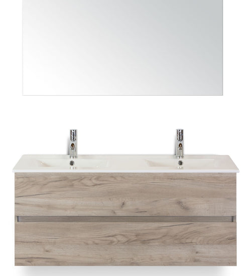 Badmeubelset 120 cm breed - bestaande uit: wastafelkast 2 laden greeploos, dubbele keramische wastafel Enjoy en spiegel