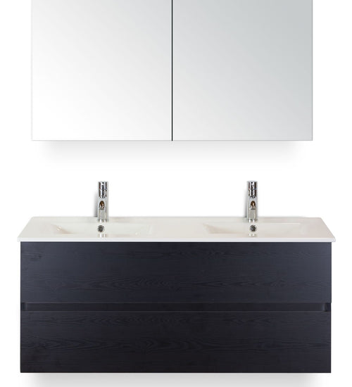 Badmeubelset 120 cm breed - bestaande uit: wastafelkast 2 laden greeploos, dubbele keramische wastafel Enjoy en spiegelkast