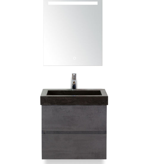 Badmeubelset 60 cm breed - bestaande uit: wastafelkast 2 laden greeploos, hardstenen wastafel en spiegel met één horizontale verlichtingsbalk (LED)