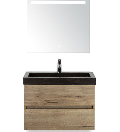 Badmeubelset 80 cm breed - bestaande uit: wastafelkast 2 laden greeploos, hardstenen wastafel en spiegel met één horizontale verlichtingsbalk (LED)
