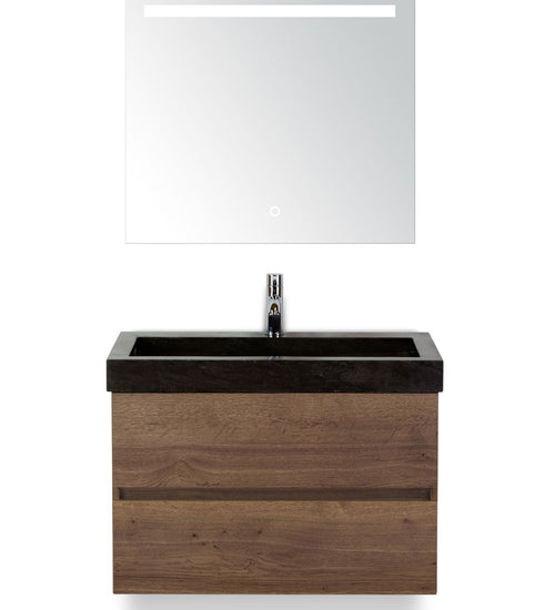 Badmeubelset 80 cm breed - bestaande uit: wastafelkast 2 laden greeploos, hardstenen wastafel en spiegel met één horizontale verlichtingsbalk (LED)