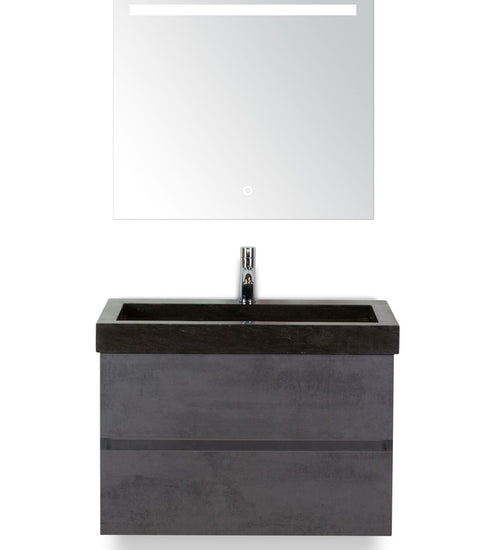 Badmeubelset 80 cm breed - bestaande uit: wastafelkast 2 laden greeploos, hardstenen wastafel en spiegel met één horizontale verlichtingsbalk (LED)