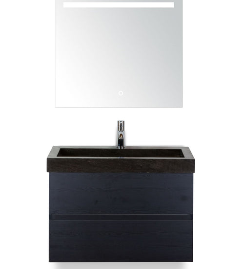 Badmeubelset 80 cm breed - bestaande uit: wastafelkast 2 laden greeploos, hardstenen wastafel en spiegel met één horizontale verlichtingsbalk (LED)