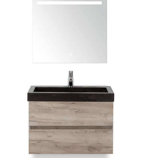 Badmeubelset 80 cm breed - bestaande uit: wastafelkast 2 laden greeploos, hardstenen wastafel en spiegel met één horizontale verlichtingsbalk (LED)