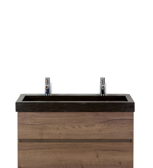 Badmeubelset 100 cm breed - bestaande uit: wastafelkast 2 laden greeploos en hardstenen wastafel met 2 kraangaten