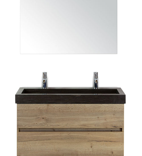 Badmeubelset 100 cm breed - bestaande uit: wastafelkast 2 laden greeploos, hardstenen wastafel met 2 kraangaten en spiegel