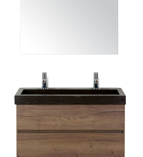 Badmeubelset 100 cm breed - bestaande uit: wastafelkast 2 laden greeploos, hardstenen wastafel met 2 kraangaten en spiegel