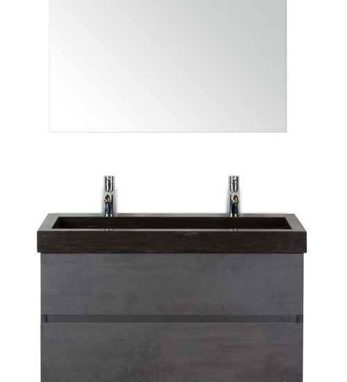 Badmeubelset 100 cm breed - bestaande uit: wastafelkast 2 laden greeploos, hardstenen wastafel met 2 kraangaten en spiegel