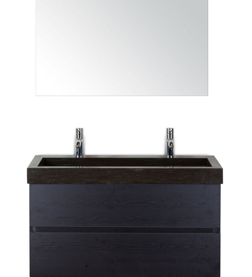 Badmeubelset 100 cm breed - bestaande uit: wastafelkast 2 laden greeploos, hardstenen wastafel met 2 kraangaten en spiegel