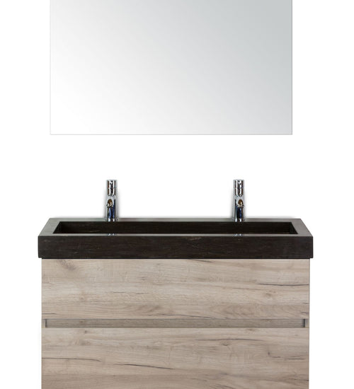 Badmeubelset 100 cm breed - bestaande uit: wastafelkast 2 laden greeploos, hardstenen wastafel met 2 kraangaten en spiegel