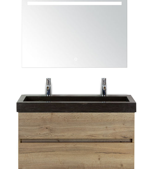 Badmeubelset 100 cm breed - bestaande uit: wastafelkast 2 laden greeploos, hardstenen wastafel met 2 kraangaten en spiegel met één horizontale verlichtingsbalk (LED)