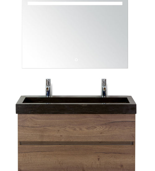 Badmeubelset 100 cm breed - bestaande uit: wastafelkast 2 laden greeploos, hardstenen wastafel met 2 kraangaten en spiegel met één horizontale verlichtingsbalk (LED)