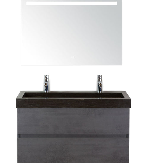 Badmeubelset 100 cm breed - bestaande uit: wastafelkast 2 laden greeploos, hardstenen wastafel met 2 kraangaten en spiegel met één horizontale verlichtingsbalk (LED)