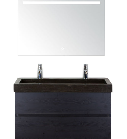 Badmeubelset 100 cm breed - bestaande uit: wastafelkast 2 laden greeploos, hardstenen wastafel met 2 kraangaten en spiegel met één horizontale verlichtingsbalk (LED)