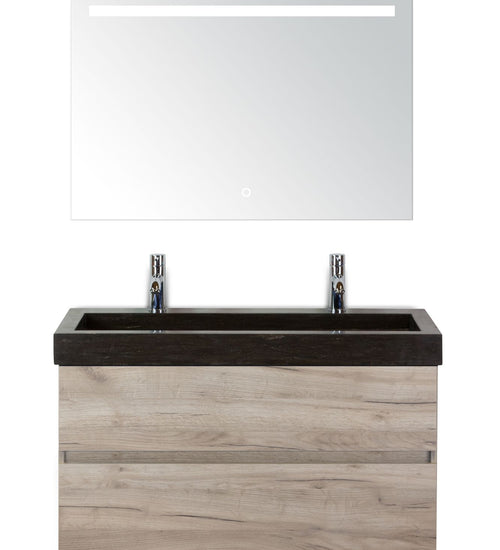 Badmeubelset 100 cm breed - bestaande uit: wastafelkast 2 laden greeploos, hardstenen wastafel met 2 kraangaten en spiegel met één horizontale verlichtingsbalk (LED)