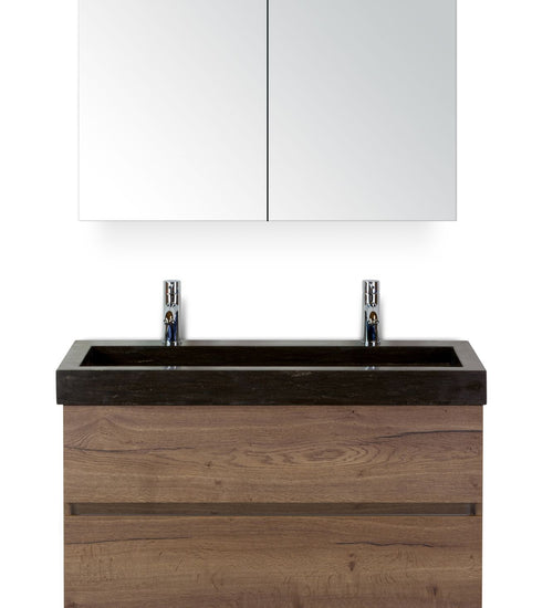 Badmeubelset 100 cm breed - bestaande uit: wastafelkast 2 laden greeploos, hardstenen wastafel met 2 kraangaten en spiegelkast