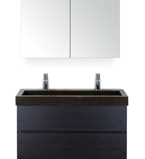 Badmeubelset 100 cm breed - bestaande uit: wastafelkast 2 laden greeploos, hardstenen wastafel met 2 kraangaten en spiegelkast