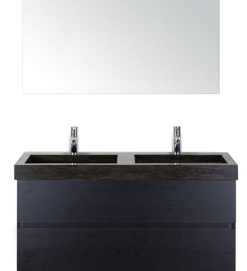 Badmeubelset 120 cm breed - bestaande uit: wastafelkast 2 laden greeploos, dubbele hardstenen wastafel en spiegel