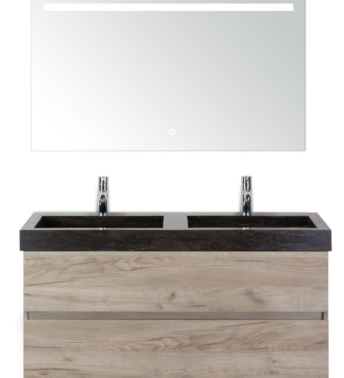 Badmeubelset 120 cm breed - bestaande uit: wastafelkast 2 laden greeploos, dubbele hardstenen wastafel en spiegel met één horizontale verlichtingsbalk (LED)