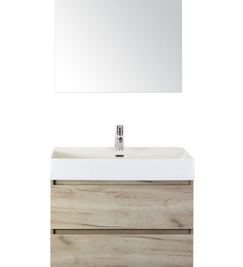 Badmeubelset 80 cm breed - bestaande uit: wastafelkast 2 laden, keramische wastafel Kube wit met één kraangat en standaard spiegel