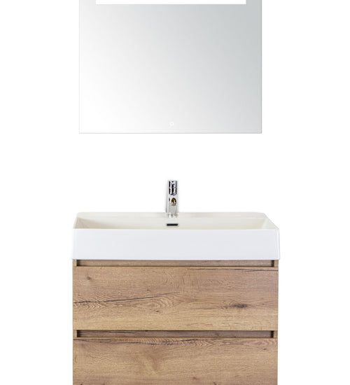 Badmeubelset 80 cm breed - bestaande uit: wastafelkast 2 laden, keramische wastafel Kube wit met één kraangat en luxe spiegel