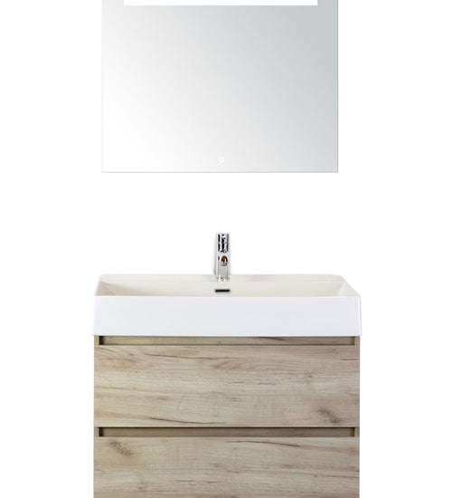 Badmeubelset 80 cm breed - bestaande uit: wastafelkast 2 laden, keramische wastafel Kube wit met één kraangat en luxe spiegel