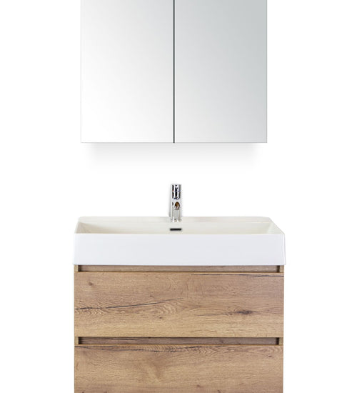 Badmeubelset 80 cm breed - bestaande uit: wastafelkast 2 laden, keramische wastafel Kube wit met één kraangat en spiegelkast
