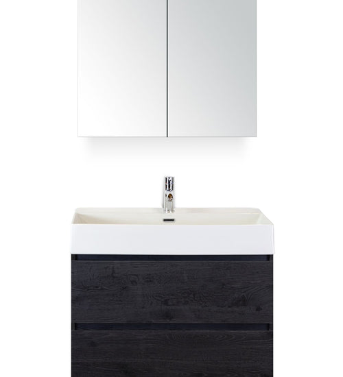Badmeubelset 80 cm breed - bestaande uit: wastafelkast 2 laden, keramische wastafel Kube wit met één kraangat en spiegelkast