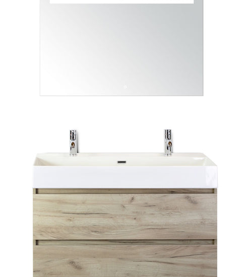 Badmeubelset 100 cm breed - bestaande uit: wastafelkast 2 laden, keramische wastafel Kube wit met twee kraangaten en luxe spiegel