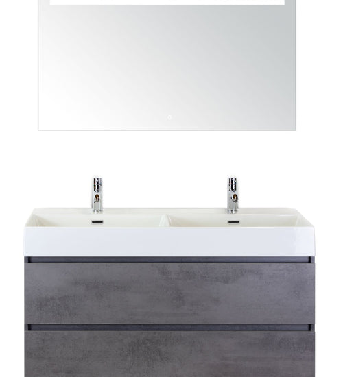 Badmeubelset 120 cm breed - bestaande uit: wastafelkast 2 laden, dubbele keramische wastafel Kube wit met kraangaten en luxe spiegel