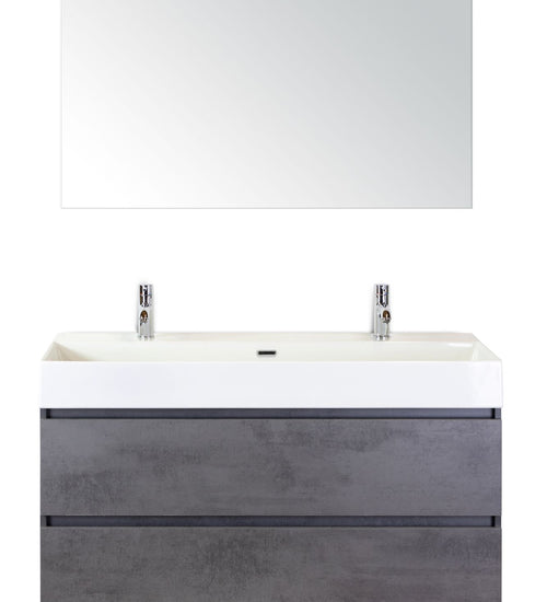 Badmeubelset 120 cm breed - bestaande uit: wastafelkast 2 laden, enkele keramische wastafel Kube wit met twee kraangaten en standaard spiegel
