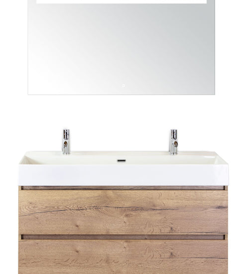 Badmeubelset 120 cm breed - bestaande uit: wastafelkast 2 laden, enkele keramische wastafel Kube wit met twee kraangaten en luxe spiegel