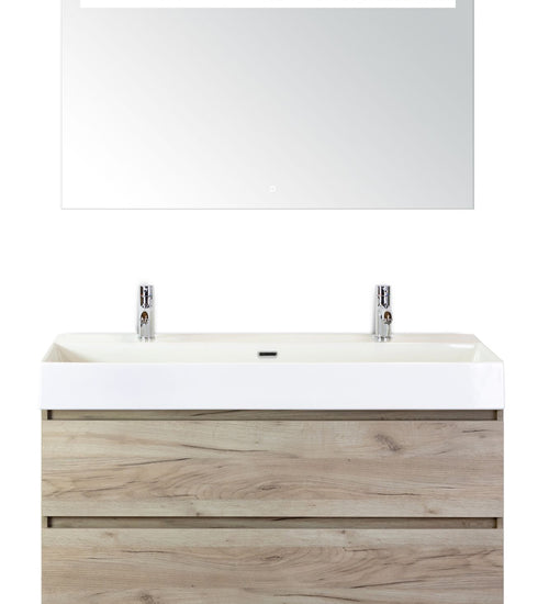 Badmeubelset 120 cm breed - bestaande uit: wastafelkast 2 laden, enkele keramische wastafel Kube wit met twee kraangaten en luxe spiegel