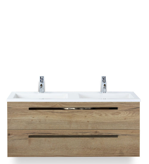 Badmeubelset 120 cm breed - bestaande uit: wastafelkast 2 laden en dubbele kunststeen wastafel Thin