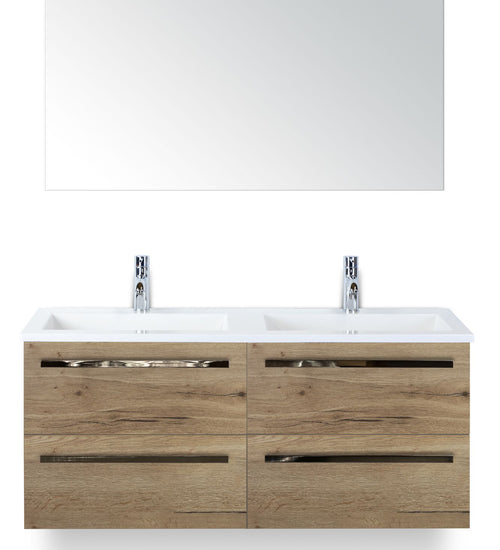 Badmeubelset 120 cm breed - bestaande uit: wastafelkast 4 laden, dubbele kunststeen wastafel Thin en spiegel