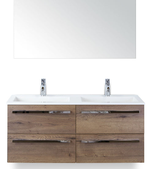 Badmeubelset 120 cm breed - bestaande uit: wastafelkast 4 laden, dubbele kunststeen wastafel Thin en spiegel