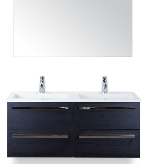Badmeubelset 120 cm breed - bestaande uit: wastafelkast 4 laden, dubbele kunststeen wastafel Thin en spiegel