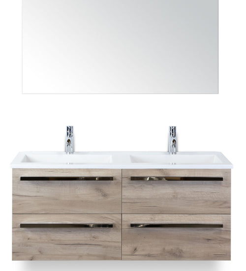 Badmeubelset 120 cm breed - bestaande uit: wastafelkast 4 laden, dubbele kunststeen wastafel Thin en spiegel