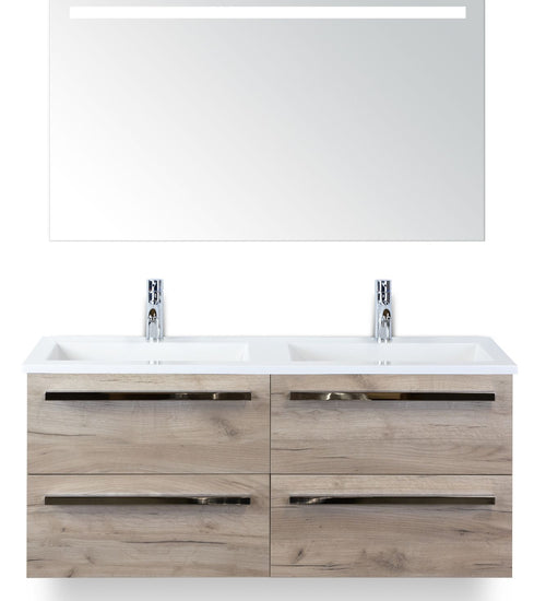 Badmeubelset 120 cm breed - bestaande uit: wastafelkast 4 laden, dubbele kunststeen wastafel Thin en spiegel met één horizontale verlichtingsbalk (LED)
