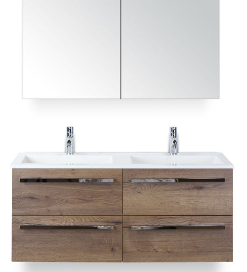 Badmeubelset 120 cm breed - bestaande uit: wastafelkast 4 laden, dubbele kunststeen wastafel Thin en spiegelkast